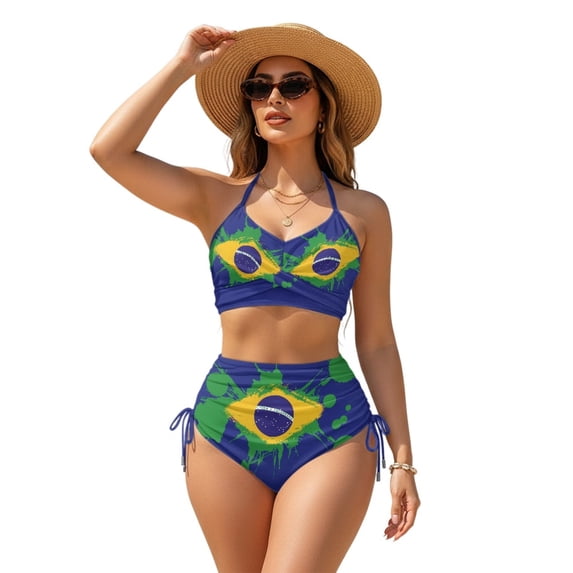 DISNIMO Women's Two Piece Bikini Sets Brazil Flag Print High Wasited Bathing Suits Tummy Control Swim Suits V Neck Twist Front Bikini Swimsuits Crisscross Tie Back Swimwear, XL