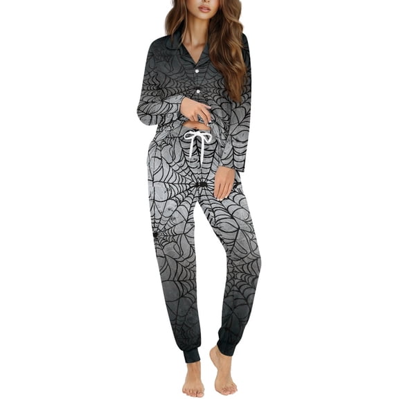DISNIMO Women's Two Piece Pajama Sets Spider Web Printed Casual Fashion Lounewear Halloween Nightwear Long Sleeve Button Down Sleepwear with Long Pants