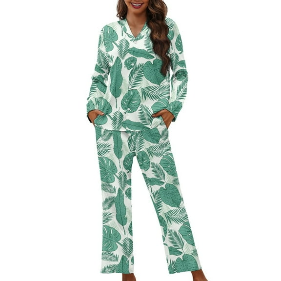 DISNIMO Womens 2 Piece Pajam Sets Monstera Printed Long Sleeve Lounge Set Soft V Neck Loungewear with Pocket Button Up Sleepwear with Long Pajama Pants, XS