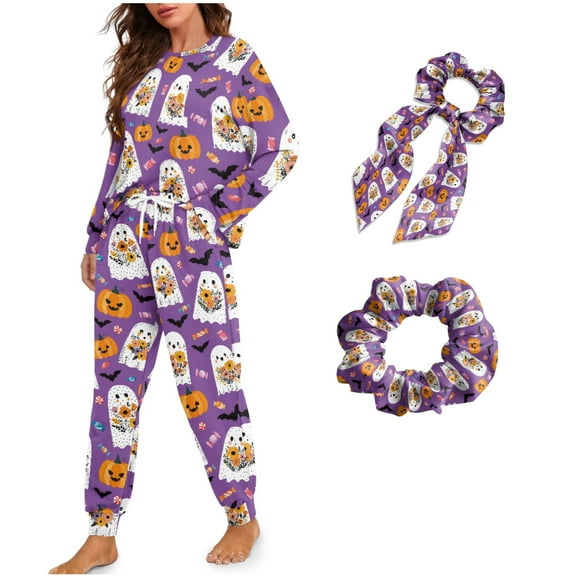 DISNIMO Womens 2 Piece Pajama Set Ghost Pumpkin Bat Printed 4 Piece Lounge Set with Hairband Long Sleeve Top and Long Pants Loose Fit Sleepwear with Pocket Fashion Soft Nightwear, S