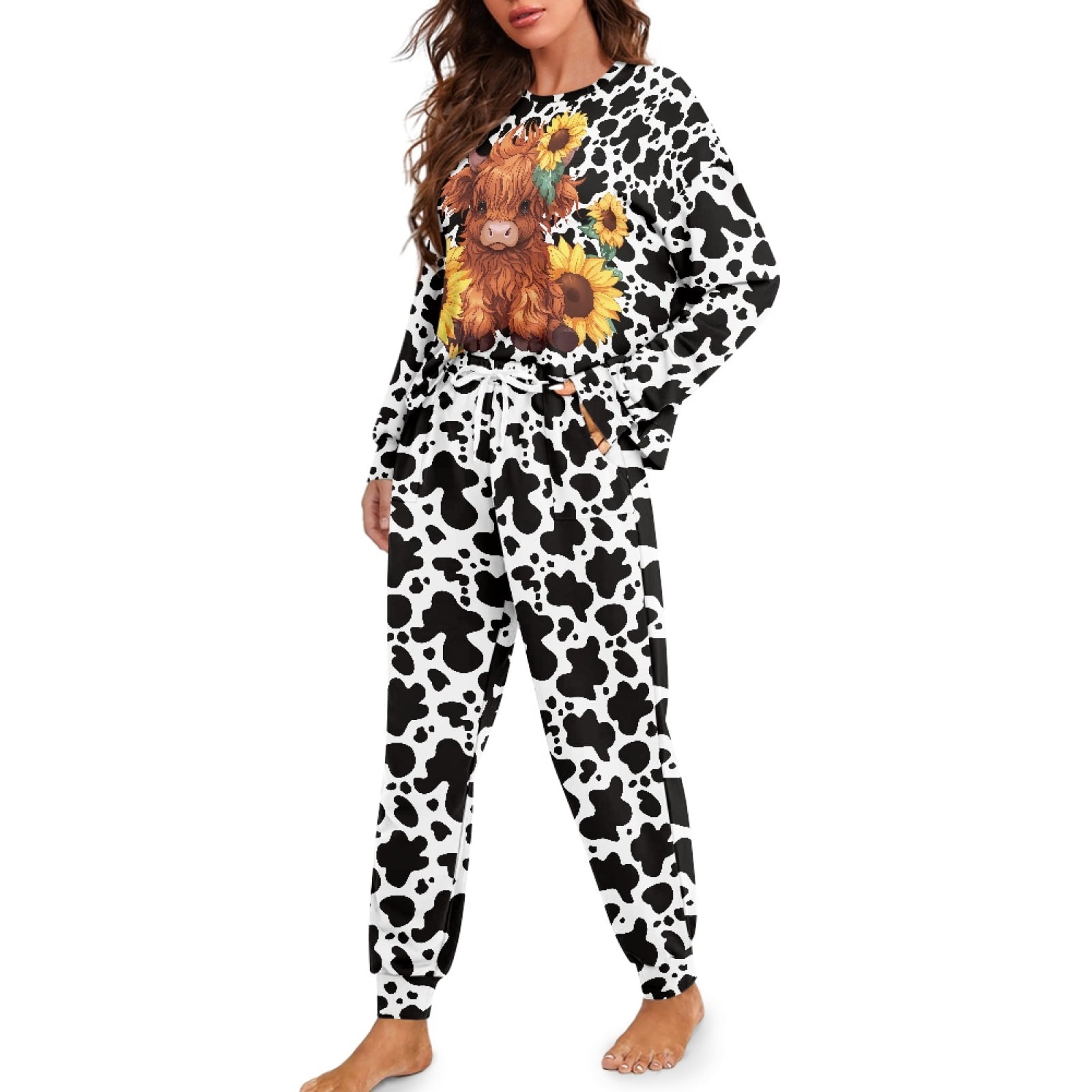 DISNIMO Womens 2 Piece Pajama Sets Cartoon Cattle Sunflower Print Comfy Long Sleeve Sleepwear ...