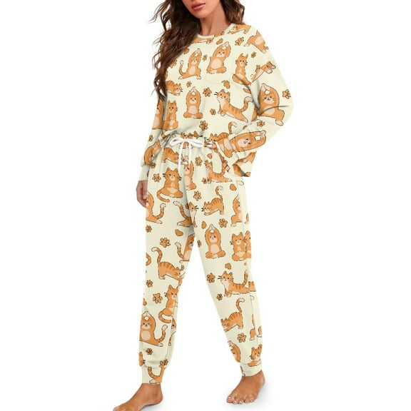 DISNIMO Womens 2 Piece Pajama Sets Cat Paw Print Soft Round Neck Sleepwear with Long Pants Long Sleeve Lounge Set with Pocket, M
