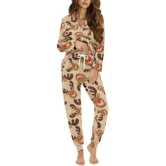 DISNIMO Womens 2 Piece Pajama Sets Deer Printed Soft Comfy Pj Sets Christmas Sleepwear Long Sleeve Button Down Loungewear with Long Pants