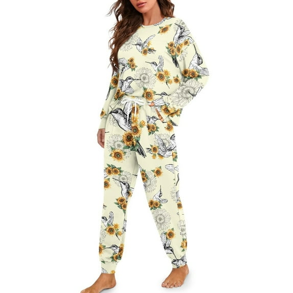 DISNIMO Womens 2 Piece Pajama Sets Hummingbird Sunflower Print Soft Round Neck Sleepwear with Long Pants Long Sleeve Lounge Set with Pocket, L