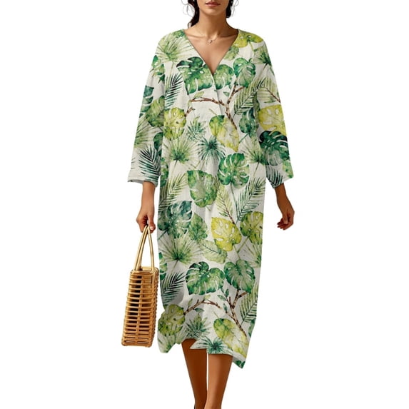 DISNIMO Womens Casual Maxi Dresses Monstera Printed Linen-Like V Neck Midi Dress Loose Fit Midi Dresses Lightweight 3/4 Sleeve Dress, 2XL