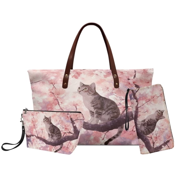 DISNIMO Womens Fashion Tote Bag and Wallet Set Cat Flower Print Hobo Handbag with Make Up Bag Large Leather Top Handle Purse for Work Party Shopping