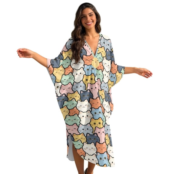 DISNIMO Womens Kaftan Dresses Cartoon Cat Print Long Caftans Maxi Dress V-Neck Batwing Sleeve Swimsuit Cover Ups Loose Fit Bathing Suit Coverup