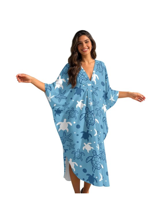 Womens Kaftan Dresses Sea Turtle Starfish Print Long Caftans Maxi Dress V-Neck Batwing Sleeve Swimsuit Cover Ups Loose Fit Bathing Suit Coverup