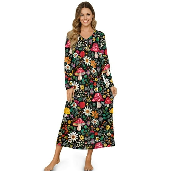 DISNIMO Womens Nightgown Mushroom Daisy Print Soft Long Sleeve Night Gown Full Length Sleepwear Comfy V Neck Nightshirt House Dress, M
