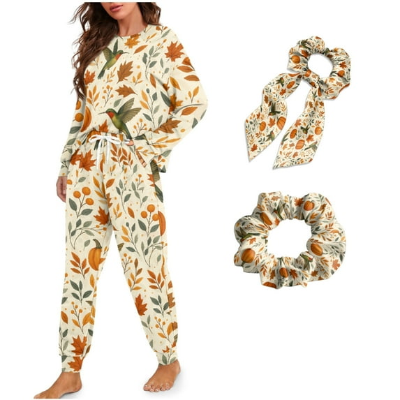 DISNIMO Womens Pajama Set 4 Piece Pj Set Hummingbird Maple Leaf Print Long Sleeve Lounge Set with Pockets Round Neck Sleepwear with Hairband Loose Fit Nightwear with Long Pants, M