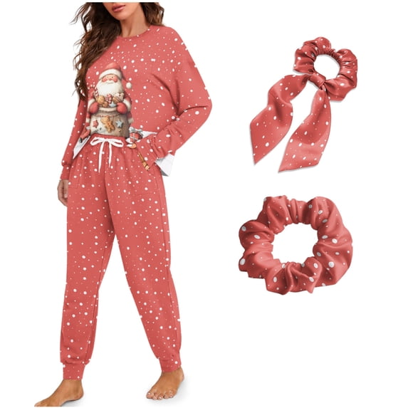 DISNIMO Womens Pajama Set Christmas Santa Claus Print 4 Piece Lounge Set with Long Pants Long Sleeve Sleepwear with Hairband Casual Loose Loungewear Nightwear with Pockets, 2XL