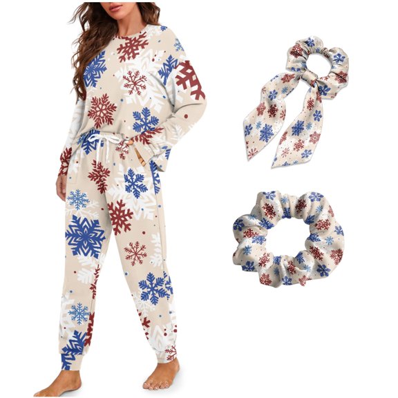 DISNIMO Womens Pajama Set Christmas Snowflake Printed Long Sleeve Sleepwear with Long Pants Crew Neck Loungewear with Hair Band Loose Fit Nightwear Ladies Pajama Outfits, M