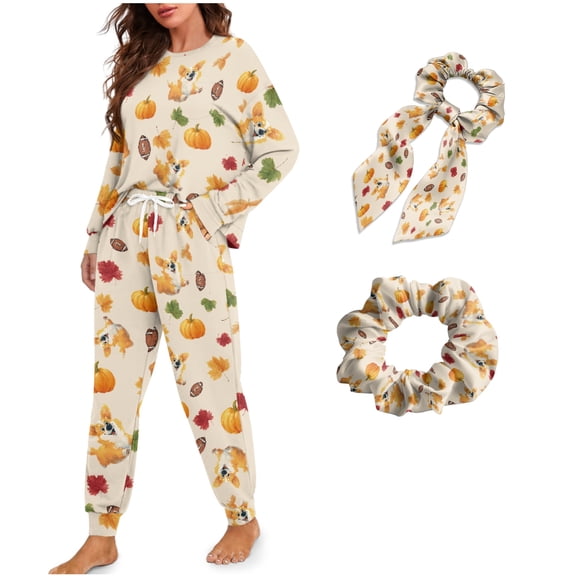 DISNIMO Womens Pajama Set Corgi Pumpkin Printed Long Sleeve Sleepwear with Hair Tie Casual Loose Loungewear Nightwear with Pocket Crew Neck Lounge Set with Long Pants, M