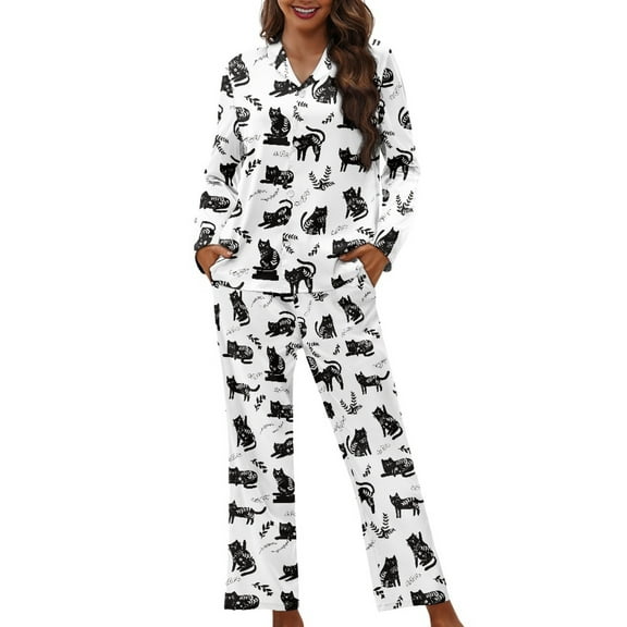 DISNIMO Womens Pajama Sets 2 Piece Pj Lounge Set with Pockets Cat Printed Long Sleeve Top Wide Leg Pants Soft V Neck Nightwear Button Up Nightwear, 2XL