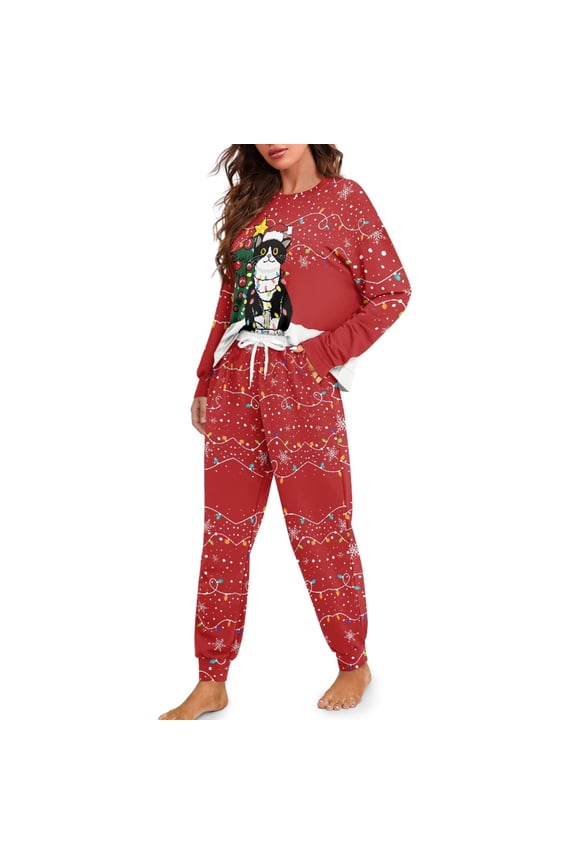 Womens Pajama Sets Cat Tree Print 2 Piece Pj Lounge Sets Christmas Long Sleeve Sleepwear with Long Pajama Pants Oversized Round Neck Loungewear Nightwear, 2XL