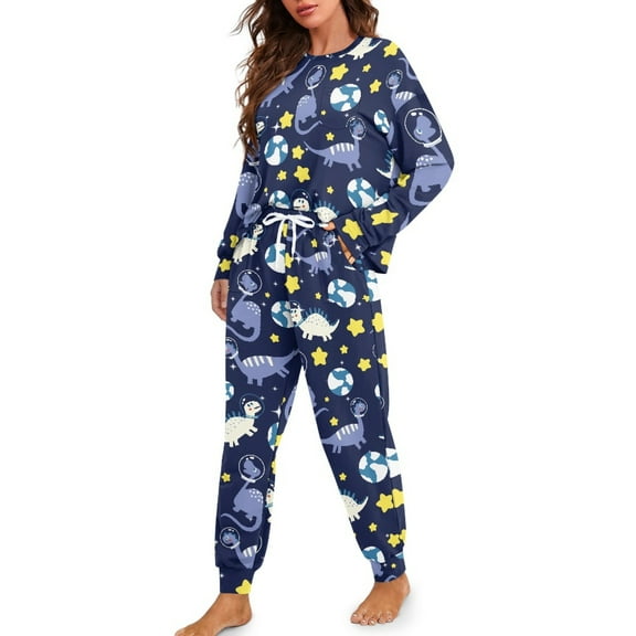DISNIMO Womens Pajama Sets Dinosaur Planet Star Printed 2 Piece Pullover Top Wide Leg Pants Lounge Set Long Sleeve Sleepwear Casual Loose Loungewear, M