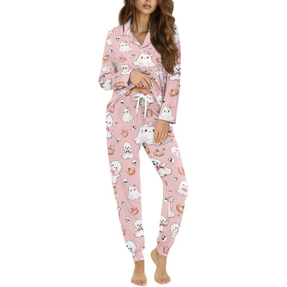 DISNIMO Womens Pajama Sets Ghost Pumpkin Print Women's Button Down Nightwear Pj Sets Long Sleeve Button Down Sleepwear with Long Pajama Pants Halloween Loungewear Nightwear