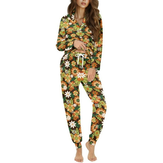 DISNIMO Womens Pajamas Sets Button Down 2 Piece Pjs Set Daisy Flower Printed Soft V Neck Sleepwear with Long Pants Long Sleeve Loungewear Nightwear