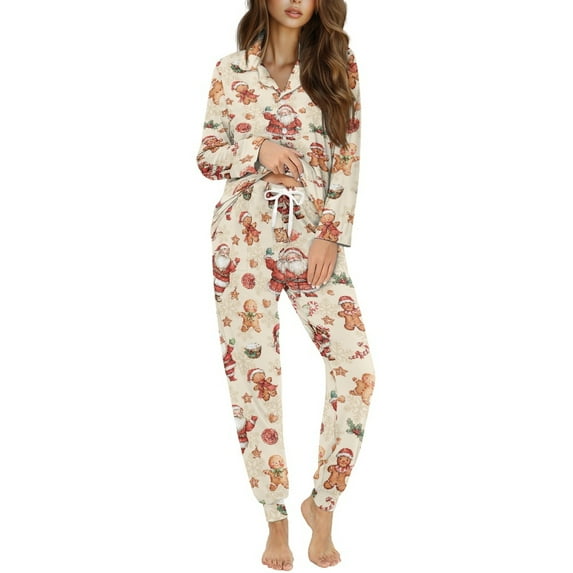 DISNIMO Womens Pajamas Sets Santa Claus Print 2 Piece Pj Sets Long Sleeve Sleepwear with Long Pajama Pants Casual Loose Loungewear Christmas Nightwear
