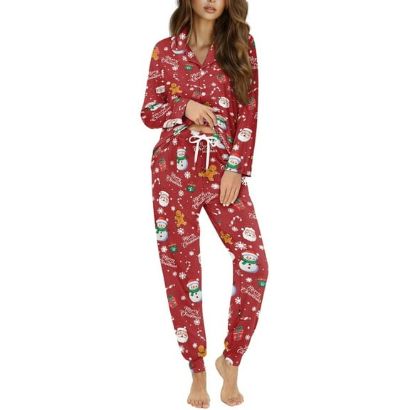 DISNIMO Womens Pajamas Sets Santa Claus Print 2 Piece Pj Sets Snowman Snowflake Printed Long Sleeve Sleepwear with Long Pajama Pants Casual Loose Loungewear Christmas Nightwear