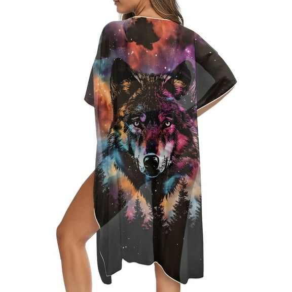 DISNIMO Womens Swimsuit Cover Up Forest Wolf Galaxy Print Kimono Cardigan Summer Bathing Suit Coverups Summer Casual Loose Bikini Cover up One Size