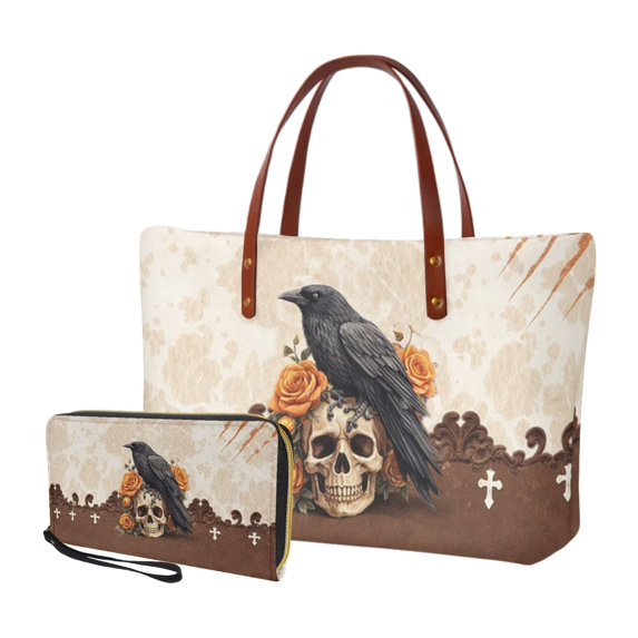 DISNIMO Womens Tote Bag with Wallet Crow Skull Rose Print Handbag Set of 2 Casual Shoulder Bag for Work Party Shopping