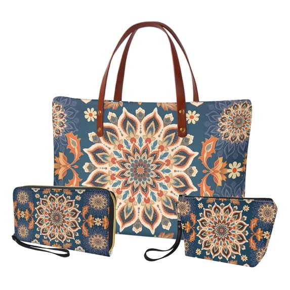DISNIMO Womens Tote Bag with Wallet and Cosmetic Bag Boho Mandala Flower Print Top Handle Handbag Portable Women's Handbags Set 3Pcs/Set