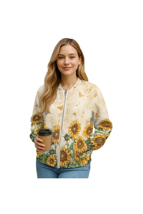 Womens Zip Up Sweatshirts Sunflower Musical Note Printed Jackets Coat Long Sleeve Outwear Sweatshirt Fall Winter Clothes, 3XL