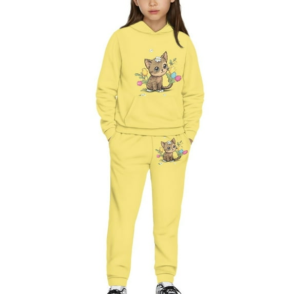 DISNIMO Yellow Cat Hoodie Set Girls Size 8-9 Hoodies Girls 2 Piece Hoodie Outfits for Girls Pullover Sweatshirt Hoodie Set for Travel Hoodie with Pockets Kids Lightweight Hoodie Sets Girls