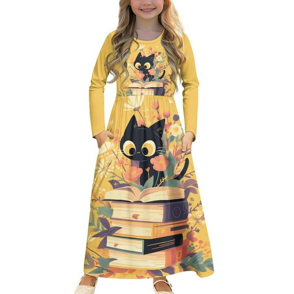 DISNIMO Yellow Cat Kids Long Sleeve Dresses for Girls Long Sleeve Dresses Size 7-8 Dress with Pockets for Kids Dress Long Sleeve Lightweight Girls Fall Midi Dress with Sleeves