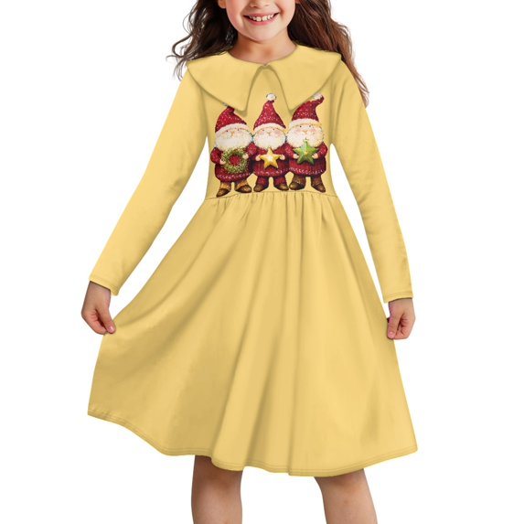 DISNIMO Yellow Christmas Santa Claus Dress Girls 13-14 Dresses Long Sleeve Kids Dress with Collar for Girls Casual Midi Dress Skater Dress for Girls Twirl Dress Winter Swing Dress Girls Midi Dress