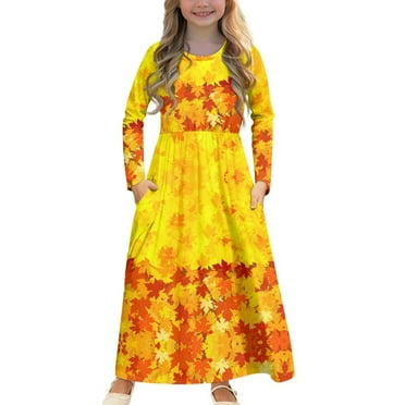DISNIMO Yellow Thanksgiving Fall Girls Long Sleeve Dress for Kids Long Dresses for Girls Dress with Pockets Kids Size 7-8 Kids Midi Sun Dress with Sleeves for Girls Party Dress Long Swing