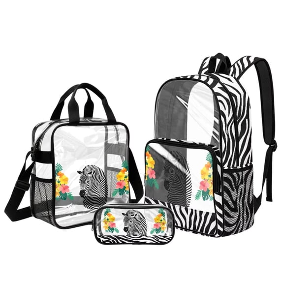 DISNIMO Zebra Stripe Printed Clear Backpack for School, Heavy Duty PVC Transparent Bookbag for Kids Girls, 17 Inch Large Clear Backpack and Lunch Box Set for Elementary Kindergarten Student