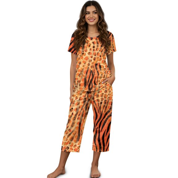 DISNIMO Zebra Stripes Printed Women's Sleepwear Soft 2 Piece Lounge Set Casual Pajama Short Sleeve Tops and Capri Pant Pjs for Home, 3XL