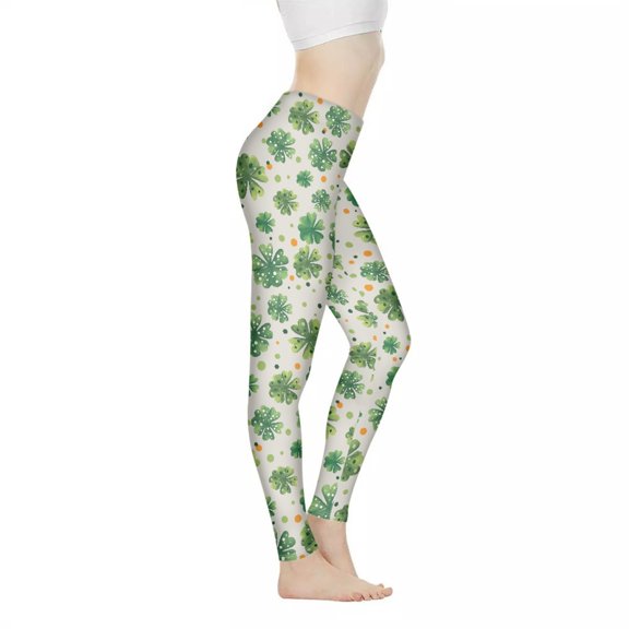 DISNIMOLucky Leaf Printed Workout Leggings for Women, St. Patrick's Day Yoga Pants Leggings High Waist Yoga Ankle Pants Stretch Yoga Pants, Beige and Green, S