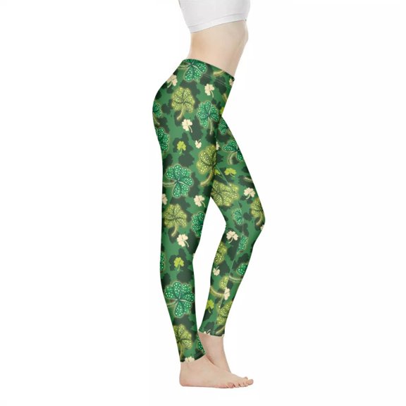DISNIMOSt. Patrick's Day Yoga Leggings for Women, Lucky Leaf Printed Yoga Pants Stretch Yoga Ankle Pants High Waist Workout Leggings for Yoga Gym, Green, 3XL