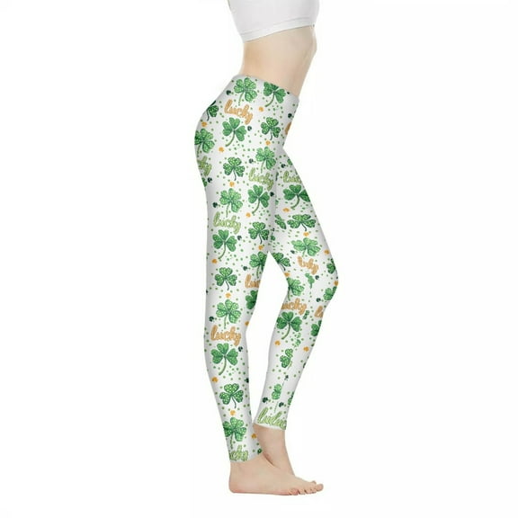 DISNIMOSt. Patrick's Day Yoga Leggings for Women, Lucky Leaf Printed Workout Yoga Pants High Waist Workout Leggings for Yoga Gym, White and Green, XS