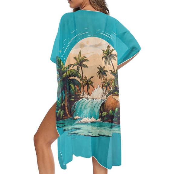 DISNIMOWomen's Kimono Cover Up Palm Tree Scenery Print Cardigan Casual Loose Coverups Summer Beach Long Swimsuit Cover ups for Hawaii Vacation