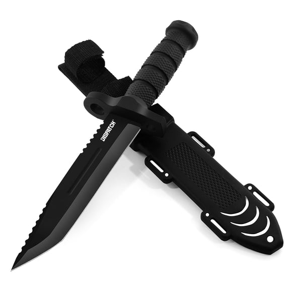 DISPATCH 12" Hunting Knife with Rubber Sheath, Fixed Blade Bowie Knife with Non-slip Handle for Camping, Bushcraft, Outdoor