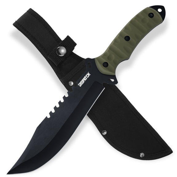 DISPATCH 13.39"Full Tang Bowie Fixed Blade Hunting Knife, 7.20" 3CR Steel Serrated Blade, Army Green PP+TPE Handle with Nylon Sheath for Outdoor Camping