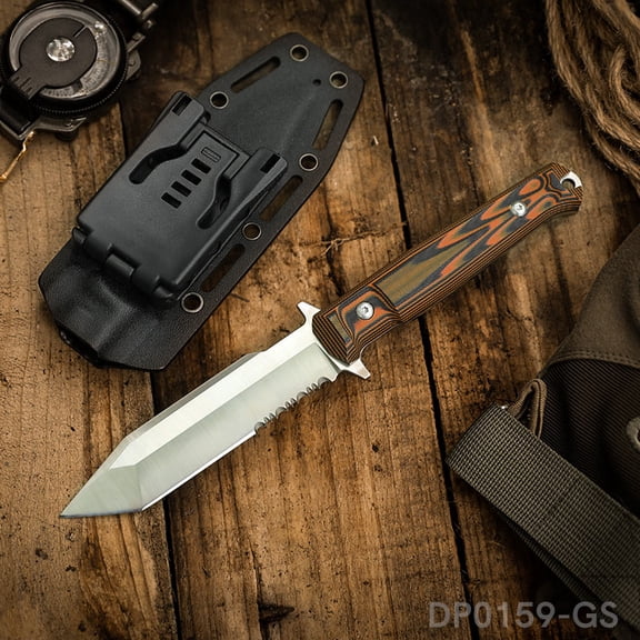 DISPATCH 9.57" Full Tang Tanto Fixed Blade Knife, 4.72 Inch 8CR Steel Half Serrated Blade, Color G10 Handle, Kydex Sheath for Outdoor Camping Hiking