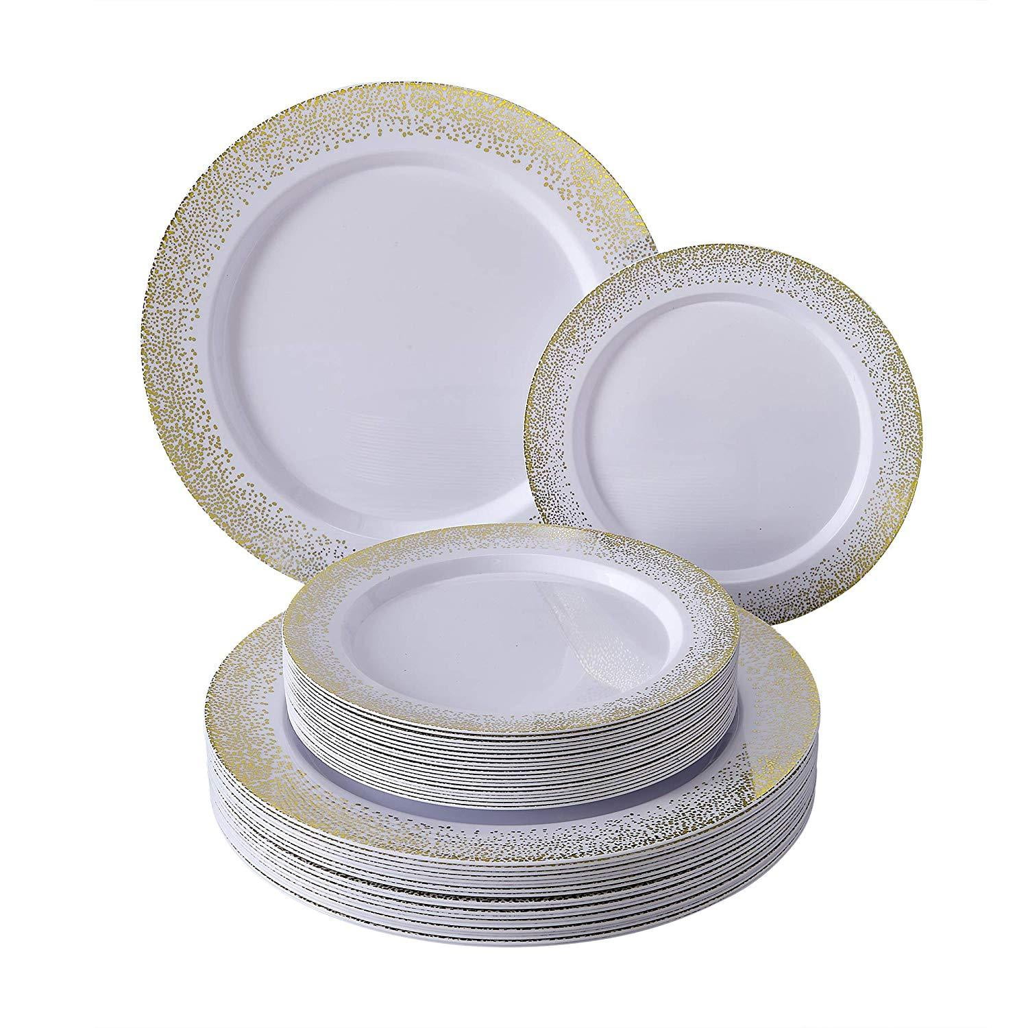DISPOSABLE 40 PC DINNERWARE SET | 20 Dinner Plates | 20 Salad Plates | Heavy Duty Plastic Dishes | Elegant Fine China Look | Ocean Mist Collection (Gold/White)