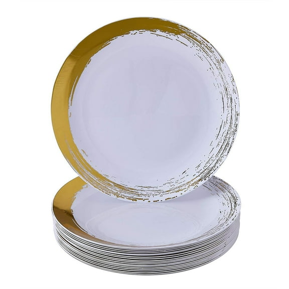 DISPOSABLE DINNER PLATES | 20 pc | Heavy Duty Plastic Dishes | Elegant Fine China Look | Brushed Gold 10.25