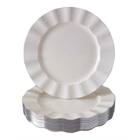 DISPOSABLE DINNER PLATES | 20 pc | Heavy Duty Plastic Dishes | Elegant Fine China Look | Veil - Ivory (11.25”)
