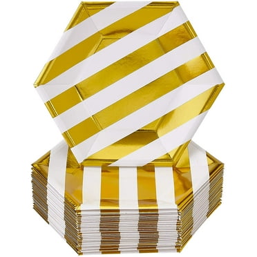 DISPOSABLE DINNER PLATES | 24 pc | made of Heavyweight Paper Materials | Stripe - Gold | 10.25"