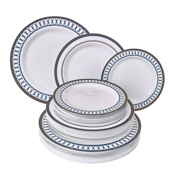 DISPOSABLE DINNERWARE SET | Heavy Duty Plastic Dishes | Elegant Fine China Look | Includes: 20 Dinner Plates, 20 Salad Plates and 20 Dessert Plates | Renaissance Collection – Royal Blue