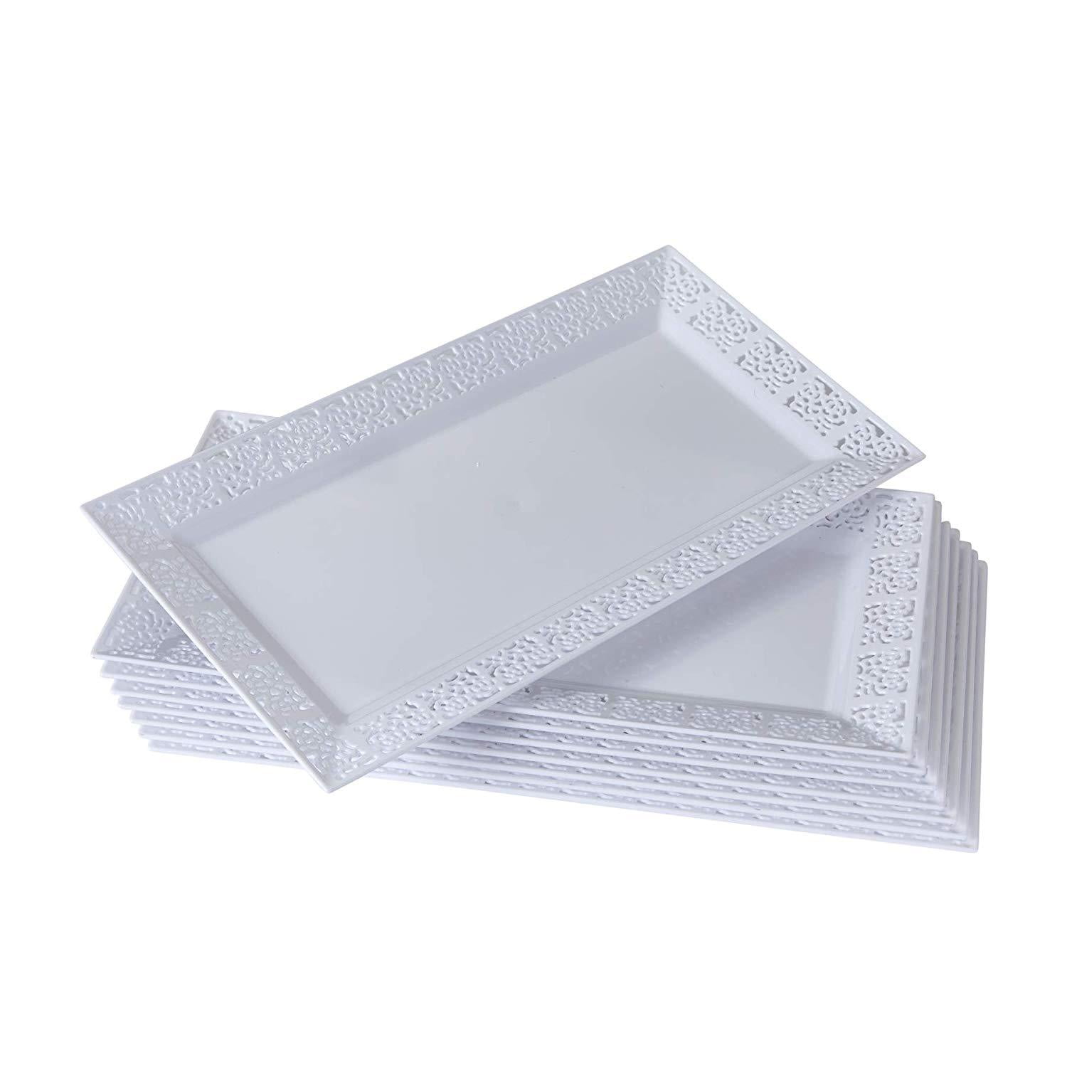 White Lace Plastic Disposable Serving Trays, 14" x 7.5", Set of 6