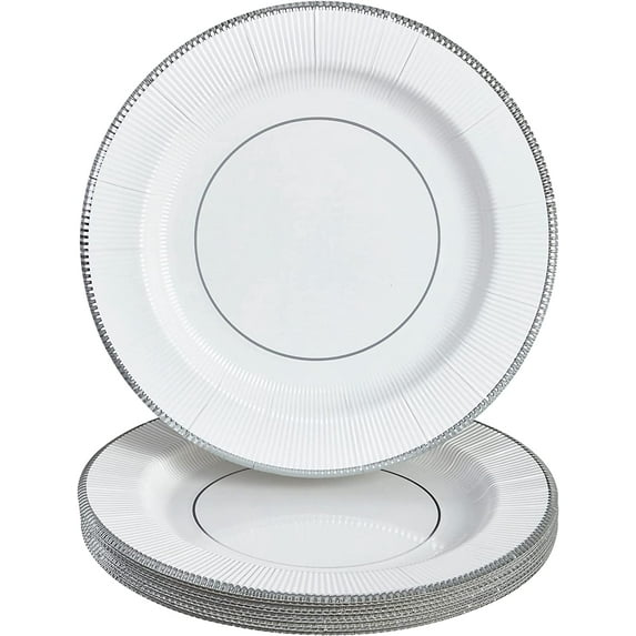 DISPOSABLE ROUND RIPPLED RIM CHARGER PLATES - 10 PC - White/Silver