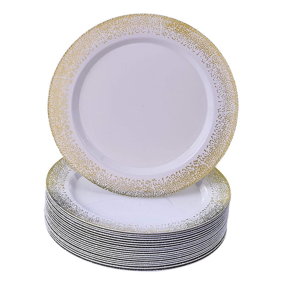 DISPOSABLE SIDE PLATES | 20 pc | Heavy Duty Plastic Dishes | Elegant Fine China Look | Mist – White/Gold 7.5”