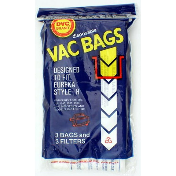 DISPOSABLE STYLE H VAC BAGS (1 PACK - CONTAINS 3 BAGS & FILTERS) DESIGNED TO FIT EUREKA 500, 600, 700, 1500, 3200 3400 SERIES & MODELS 1240 & 1250
